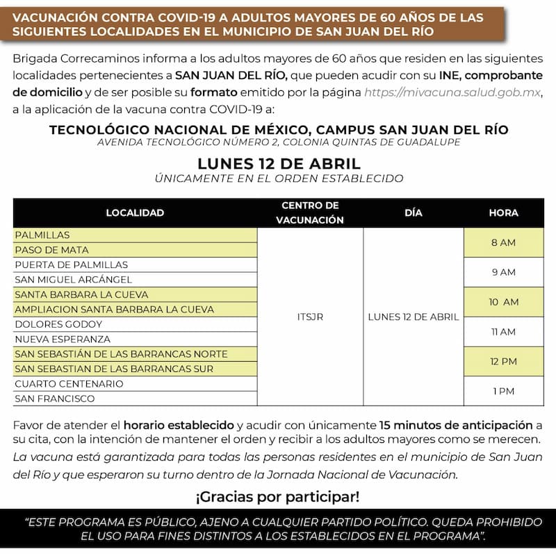 Inicia vacunación de adultos mayores en San Juan del Río, Querétaro 1