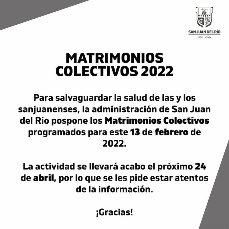 Cambian fecha de matrimonios colectivos en SJR