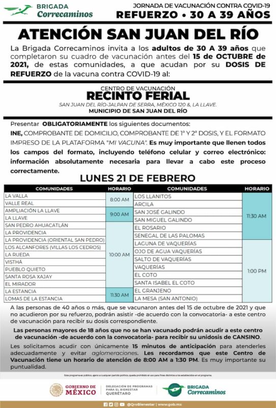 Iniciarán aplicación de refuerzo para personas de 30 años en San Juan del Río