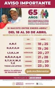 18 de abril iniciará registro a la Pensión para el Bienestar de las Personas Adultas Mayores