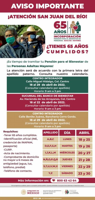 Inicia registro para pensión de 65 y más en San Juan del Río