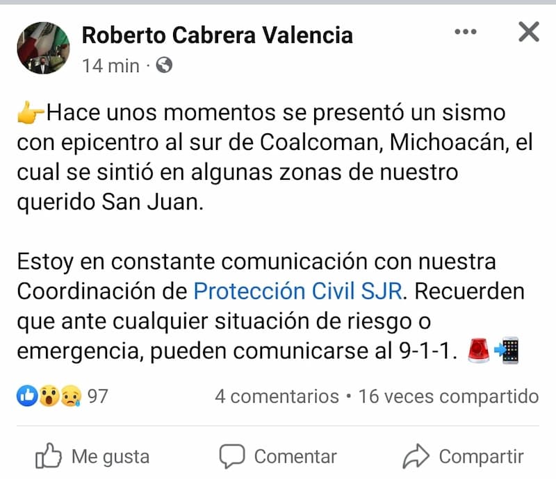 El alcalde Roberto Cabrera postea texto sobre sismo de 7.4 en México