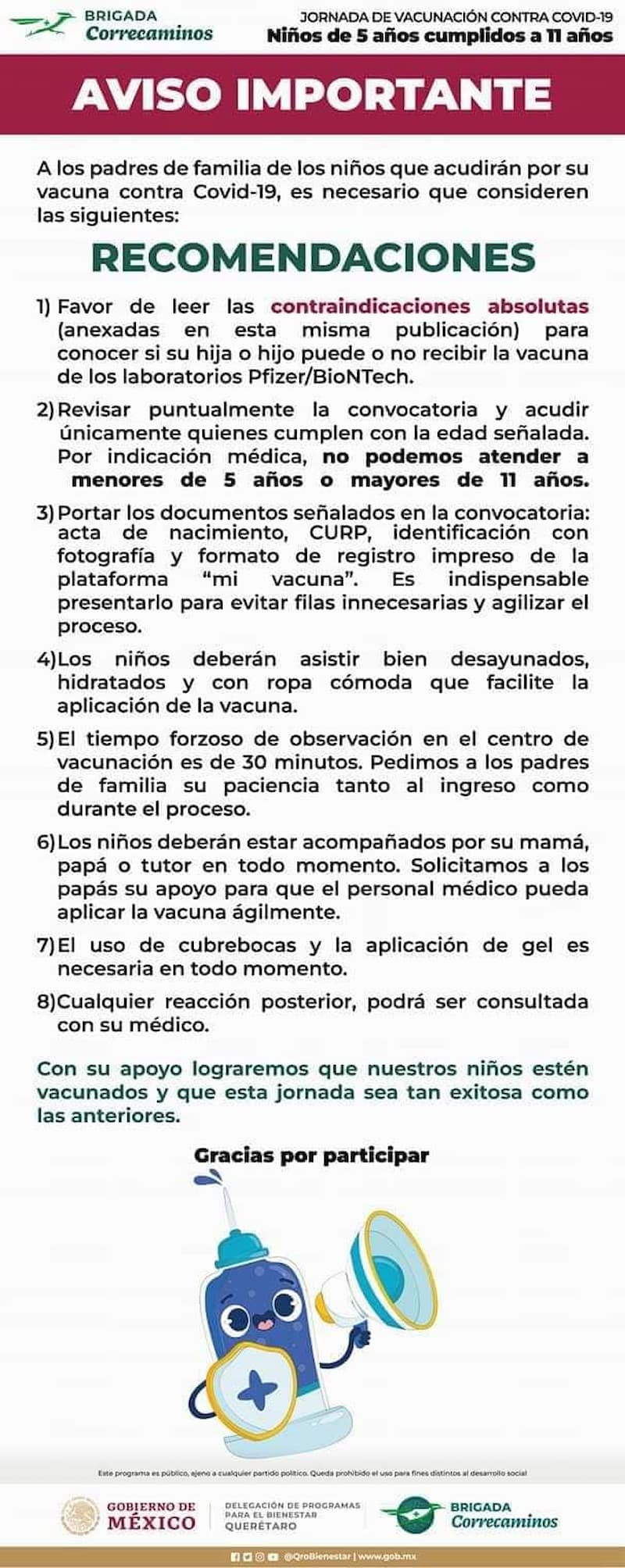 Inicia vacunación de segunda dosis para menores de 5 a 11 años en San Juan del Río