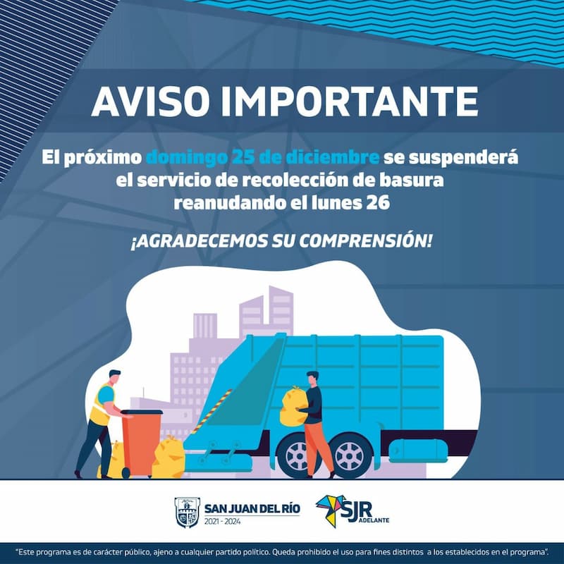 Suspenderán recolección de basura el 25 de diciembre y 1 de enero en SJR