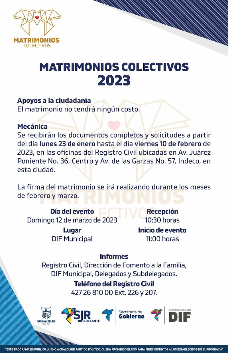 Anuncian programa de Matrimonios Colectivos 2023 en San Juan del Río