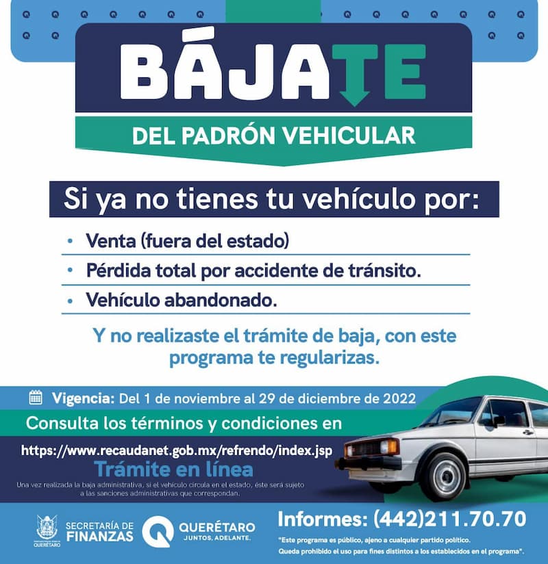 Secretaría de Finanzas extiende programa Bájate del Padrón Vehicular en Querétaro 1 Secretaría de Finanzas extiende programa Bájate del Padrón Vehicular en Querétaro