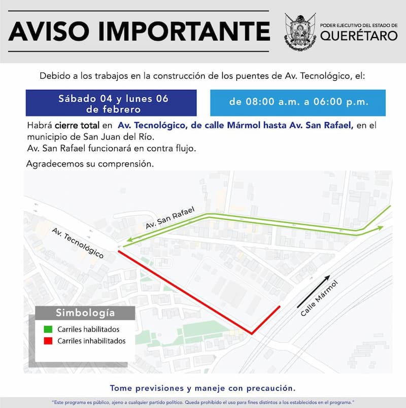 Avenida Tecnológico será cerrada por obras durante el sábado y lunes