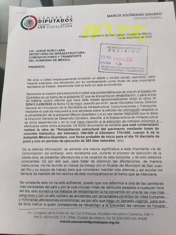 Diputada Marcia Solórzano insiste en mejorar seguridad vial en carretera México-Querétaro