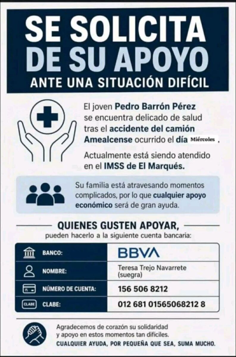 Pasajero de autobús accidentado lucha por su vida; familia pide oraciones y solidaridad ciudadana