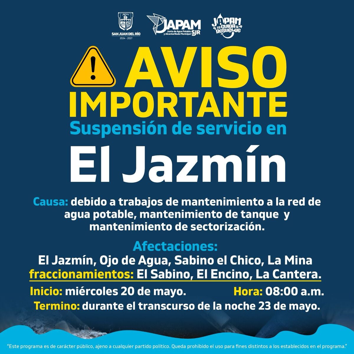 JAPAM informa suspensión temporal del servicio de agua potable en algunas comunidades y fraccionamientos de San Juan