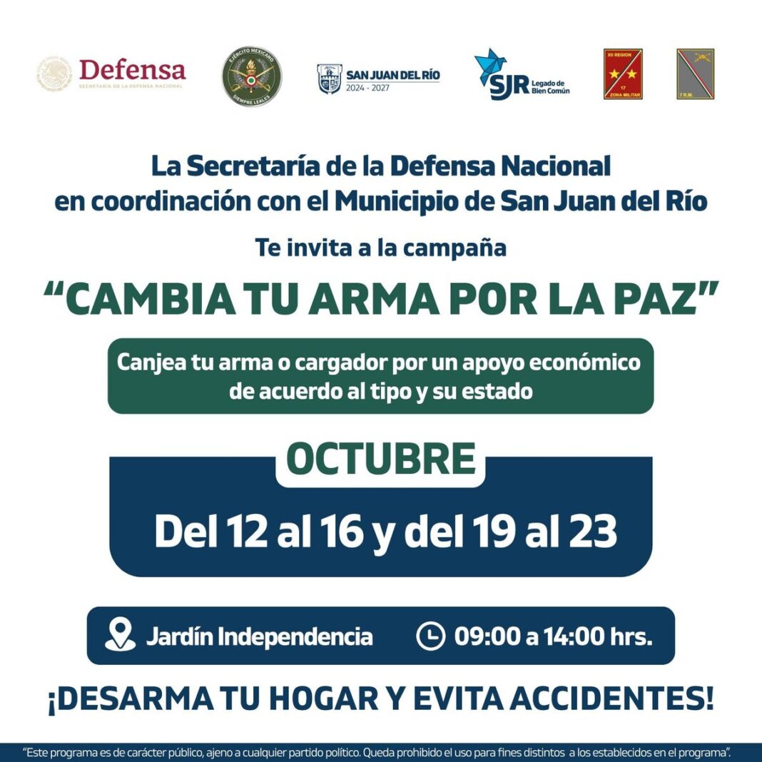 Canjearán armas de fuego por efectivo en San Juan del Río